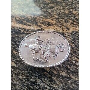 Ornate Cowboy on open range Lasso wild steer 3D belt buckle Western Cowboy